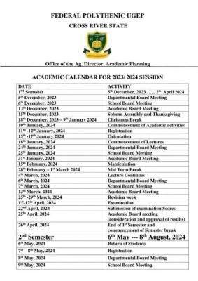 Federal Polytechnic Ugep Academic Calendar For 2023 2024 Academic