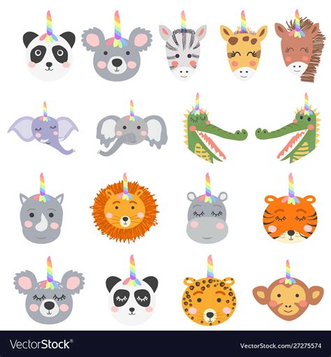 Set cute funny animals with unicorn horns Vector Image