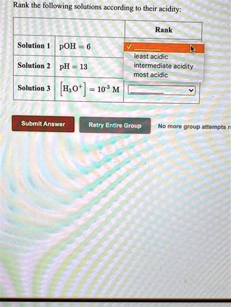 Solved Rank The Following Solutions According To Their Acidity Rank Solution Poh 6 Least