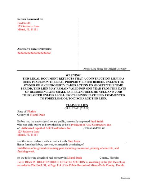 Hillsborough County Claim Of Lien Form Florida