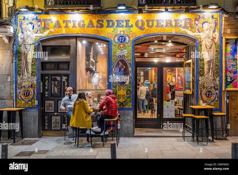 Scenic Night View Of A Bar Restaurant In The Barrio De Las Letras Or