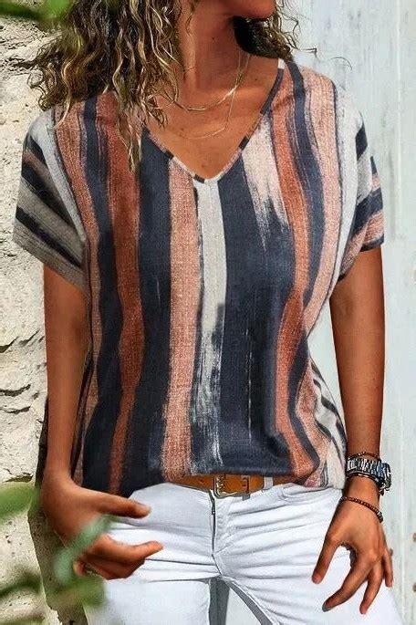 Casual Stripe Print V Neck Short Sleeves T Shirt Ivyalpha