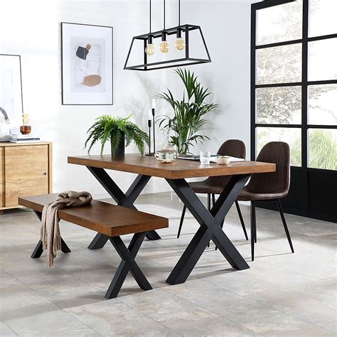 Franklin Industrial Dining Table Bench And 2 Brooklyn Chairs Dark Oak