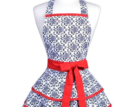 Womens Ruffled Retro Apron Black Damask With Red Trims Womans Cute