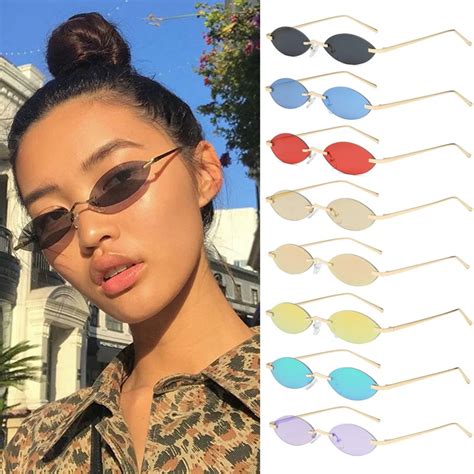 Women Narrow Cat Eye Sun Glasses Brand Designer Vintage Small Rimless