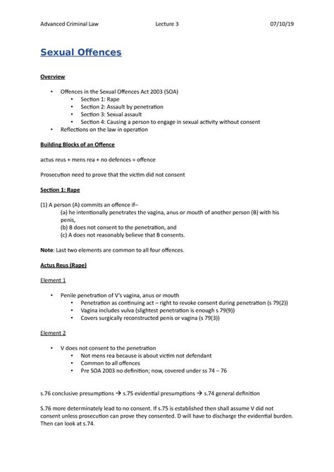 L3 Sexual Offences Lecture Notes 3 Sexual Offences Overview