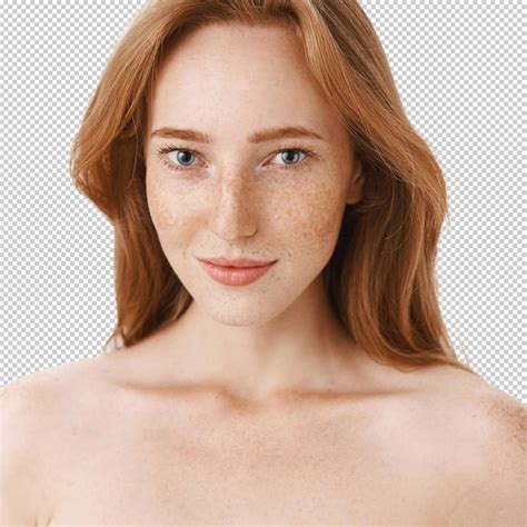 Closeup Attractive Naked Gentle Redhead Woman Freckles Touch Skin Tenderly Smiling Camera