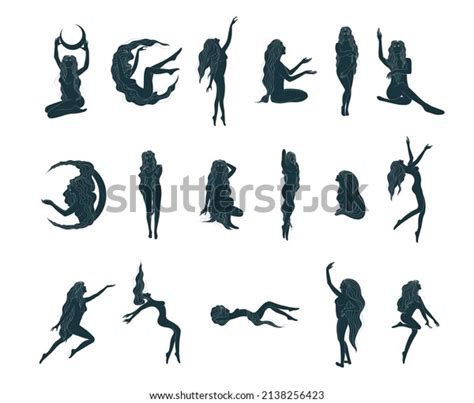 Celestial Naked Female Silhouettes Different Poses Stock Vector