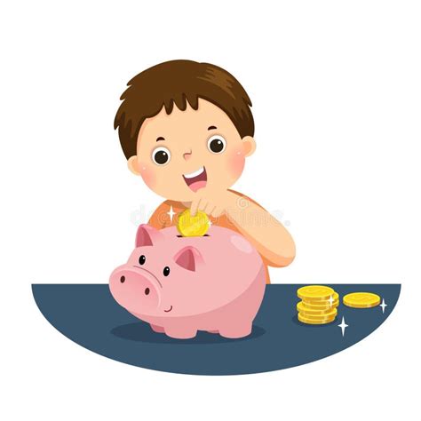 Cartoon Of A Little Boy Putting Coin Into Piggy Bank For Saving Money