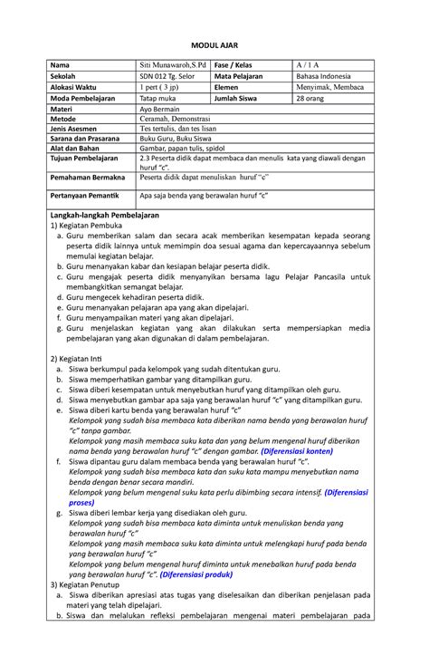 Modul AJAR Diferensiasi MODUL AJAR Nama Siti Munawaroh S Fase Kelas