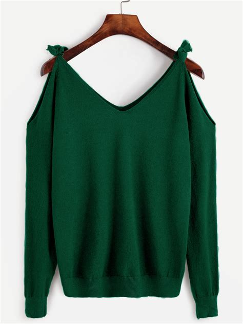 Dark Green Open Shoulder Jersey Sweater Sheinsheinside