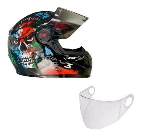 Capacete Fw3 Gt Skull Caveira Viseira Fumê E Cristal 58