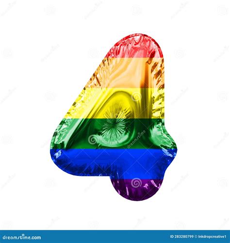 Number 4 Gay Pride Flag Shiny Foil Balloon 3D Rendering Stock