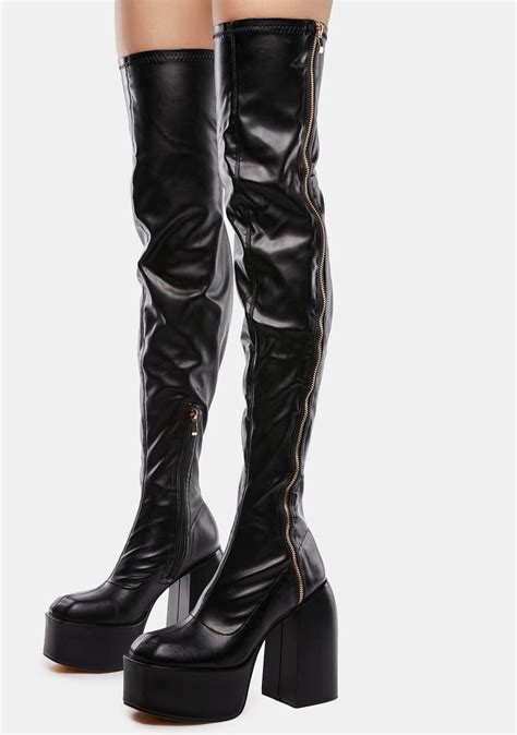 Thigh High Vegan Leather Platform Heel Boots Black Dolls Kill