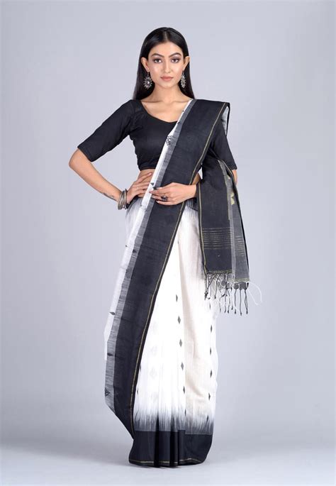 Buy Handloom Cotton Silk Jamdani Saree In White And Black Online