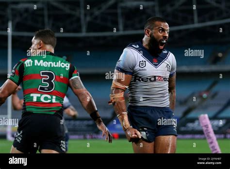 Josh Addo Carr Of The Storm Celebrates Scoring A Try During The Round 9