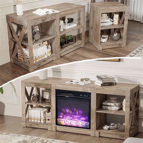 VINGLI Electric Fireplace TV Stand Oak Finish With Remote Farmhouse