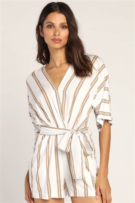 Lush Taupe And White Striped Romper Striped Surplice Romper Lulus