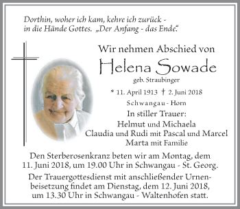 Traueranzeigen Von Helena Sowade Allg Uer Zeitung