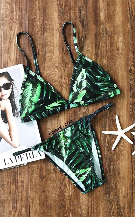 Green Leaf Print Double Strap Bikini Set Bikinis Swimsuits Triangle