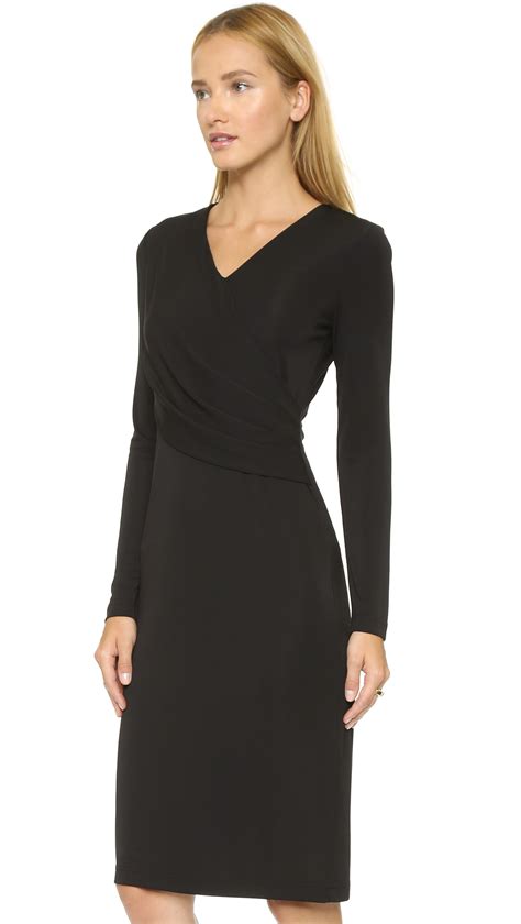 Dkny Long Sleeve Low V Neck Wrap Dress Black In Black Lyst