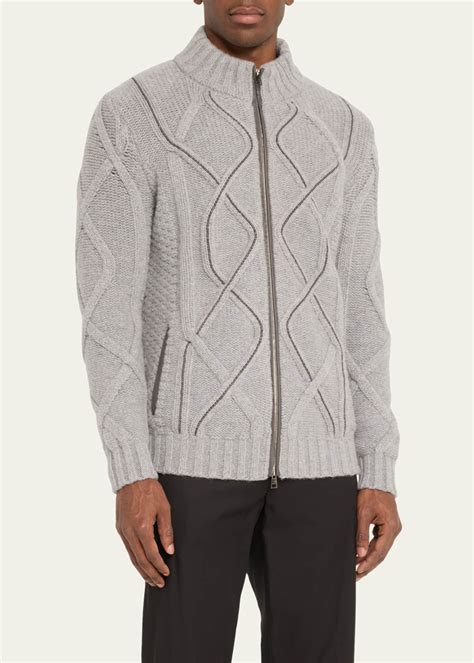 Bergdorf Goodman Mens Wool Cashmere Cable Knit Full Zip Sweater