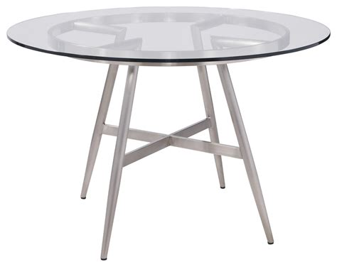 Soleil Contemporary Dining Table Brushed Stainless Steel And Clear Glass Top Midcentury