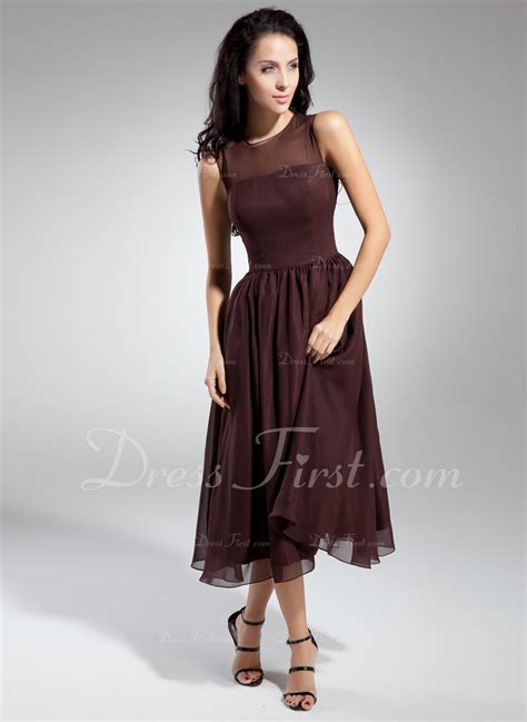 A Line Princess Scoop Neck Tea Length Chiffon Bridesmaid Dress With