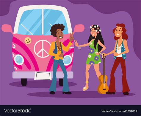 People hippie and car Royalty Free Vector Image