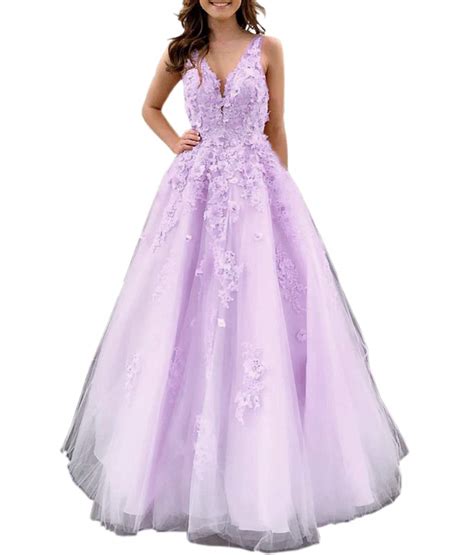 Mauwey Womens 3d Floral Beaded Tulle A Line V Neck Prom Dresses Party