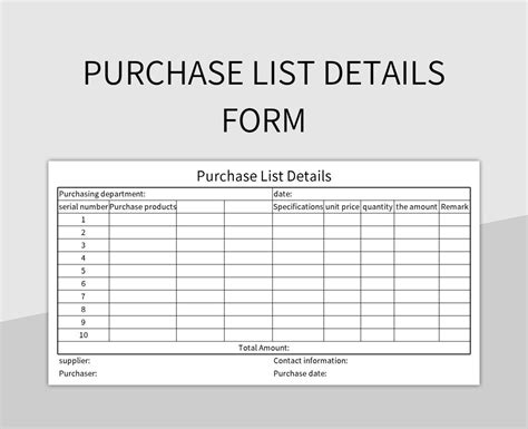 Purchase List Details Form Excel Template And Google Sheets File For