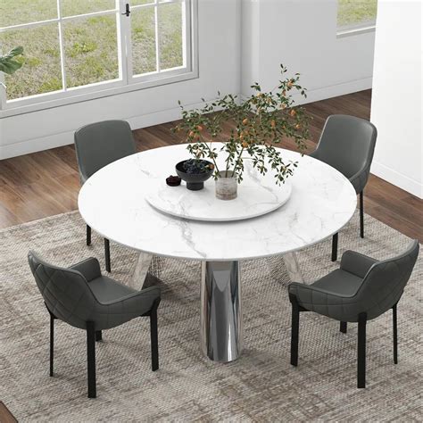 53modern Round Faux Marble Dining Table For 4 With Lazy Susanwishthree