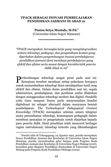 Pdf Tpack Sebagai Inovasi Pembelajaran Pendidikan Jasmani Di Abad 21