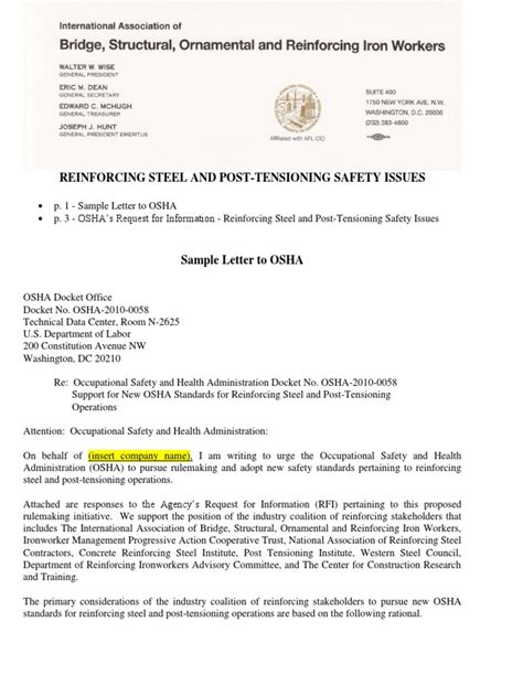 Sample Letter To Osha Occupational Safety And Health Administration