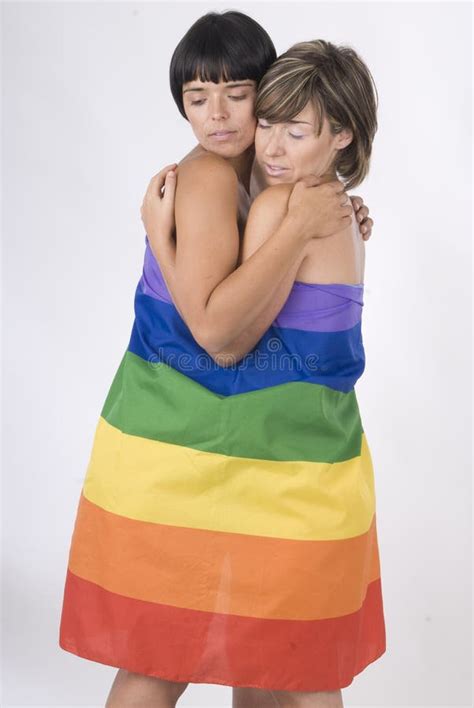 Couple Of Women In Love With Lesbian Rainbow Flag Stock Image Image Of Sale Buying