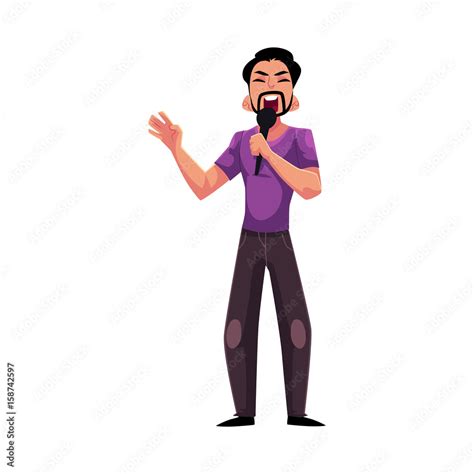 Young Latin Man Singing Karaoke Holding Microphone Cartoon Comic