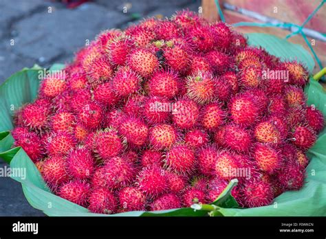 Pile Of Fresh Lychees In A Fruit Market In Antigua Guatemala Stock