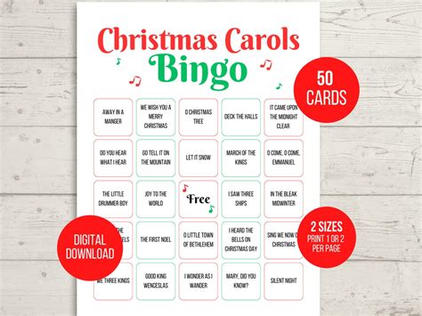 Christmas Carol Bingo 50 Printable Christmas Carol Bingo Cards