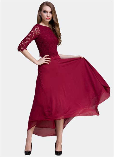 Maroon Lace Chiffon Maxi Dress With Deep Scoop Back Rm309