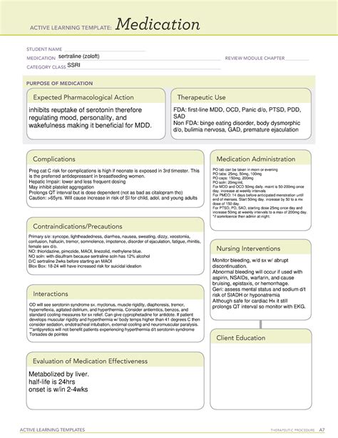 Sertraline Drug Card Information ACTIVE LEARNING TEMPLATES