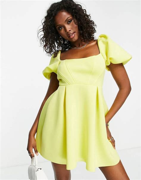 Asos Design Puff Sleeve Corset Detail Mini Skater Dress With Open Back In Yellow Asos Mini