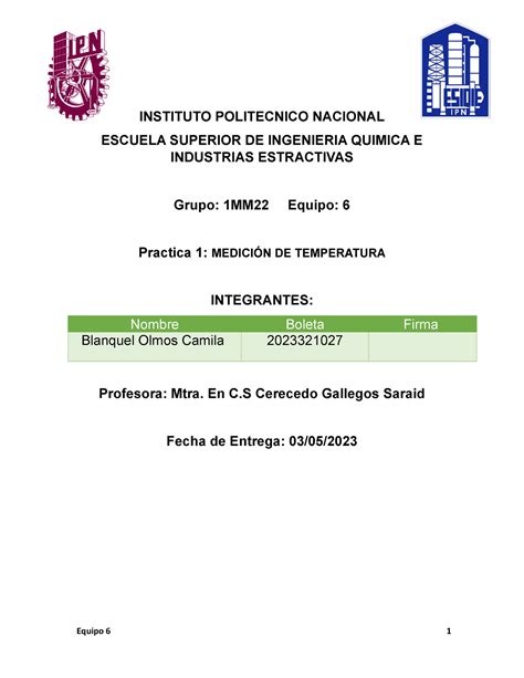 P1 Termo INSTITUTO POLITECNICO NACIONAL ESCUELA SUPERIOR DE