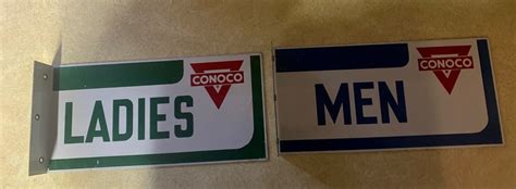 1950s 60s Conoco Mens Ladies Restroom Double Sided Metal Signs