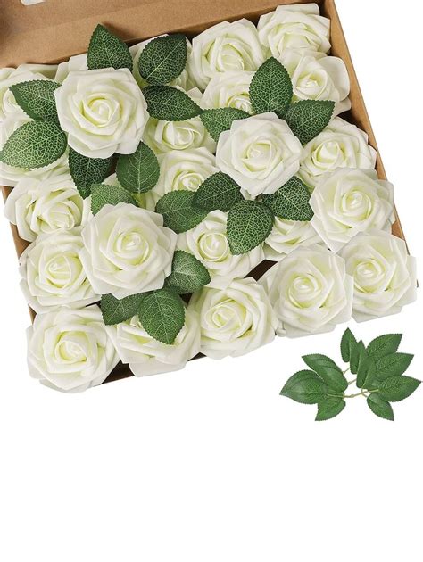 Artificial Flowers 25pcs Real Looking Ivory Foam Fake Roses With Stems For Diy Wedding Bouquets