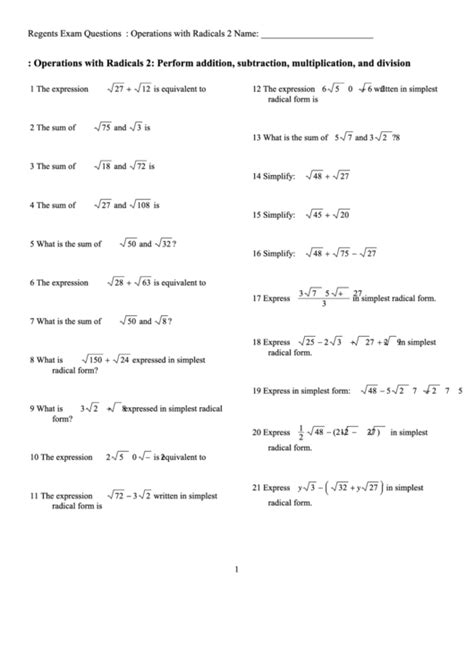 Operations With Radicals Worksheet Printable Calendars At A Glance