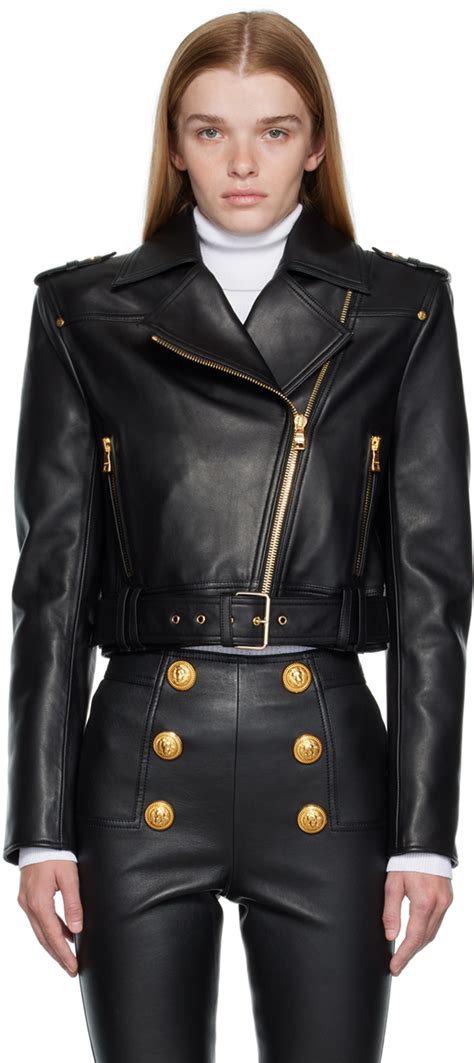 Balmain Black Cropped Biker Leather Jacket Balmain