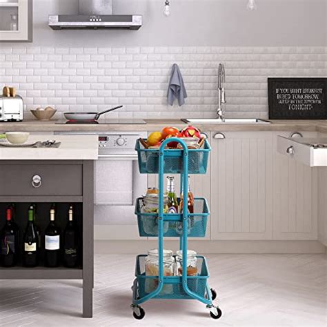 DESIGNA Metal Utility Cart 3 Tier Mesh Rolling Storage Cart With