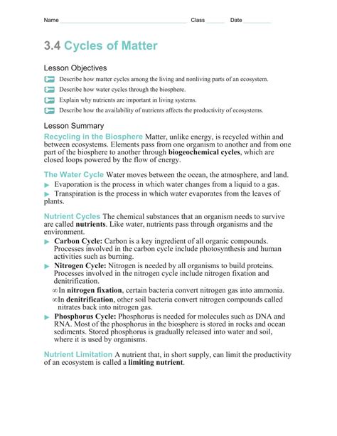 Cycles Of Matter Worksheet Answers — db-excel.com