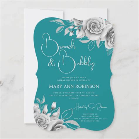 Brunch And Bubbly Silver Floral Bridal Shower Teal Invitation Zazzle