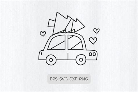 Doodle outline car with Christmas tree on top clipart.